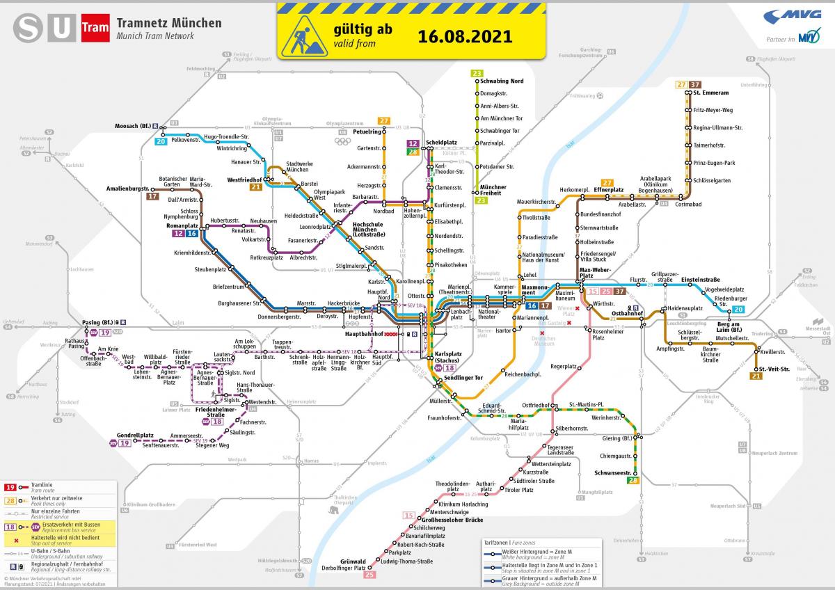 Карта трамвайных остановок Мюнхена